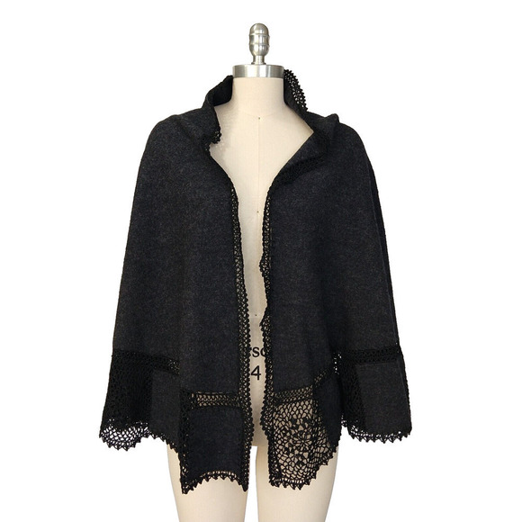 CAbi Charcoal Gray 100% Wool Shawl Wrap Crochet OS Style #122 Granny Square Knit - Picture 1 of 7